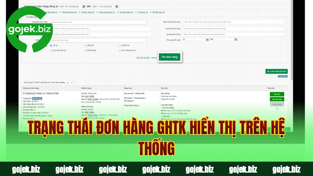 Trạng thái đơn hàng GHTK hiển thị trên hệ thống